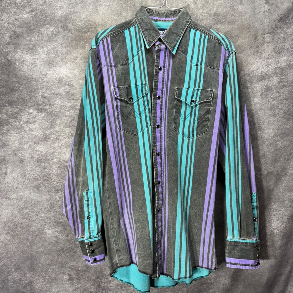 VTG 90s Wrangler Brushpopper Western Pearl Snap Shirt 15.5 Purple Teal Striped